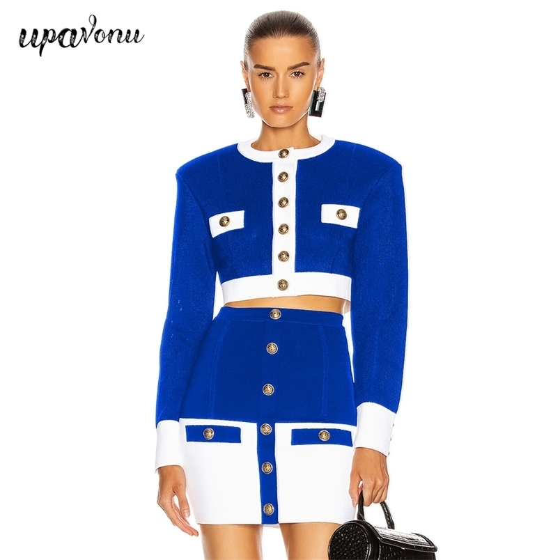 

Spring Women Single-breasted Bandage Set O-Neck Long Sleeve Short Top & High Waist Skirt Two-piece Party Set 211109, Blue