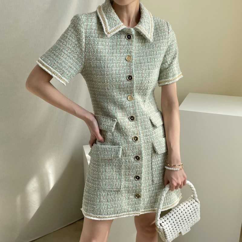 

Retro Plaid Tweed Dress Runway Women Short Sleeve Single-Breasted Casual Bodycon Slim Dresses Vestidos 210526, Photo color