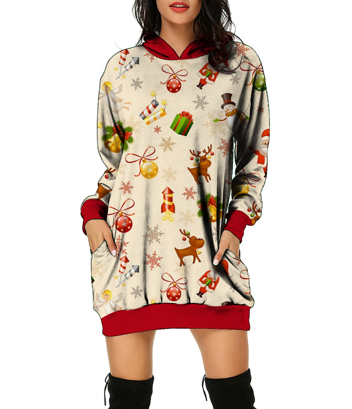 

Christmas Print Women's Hoodie Long Sweater Loose Dress Comfortable and Soft, Black