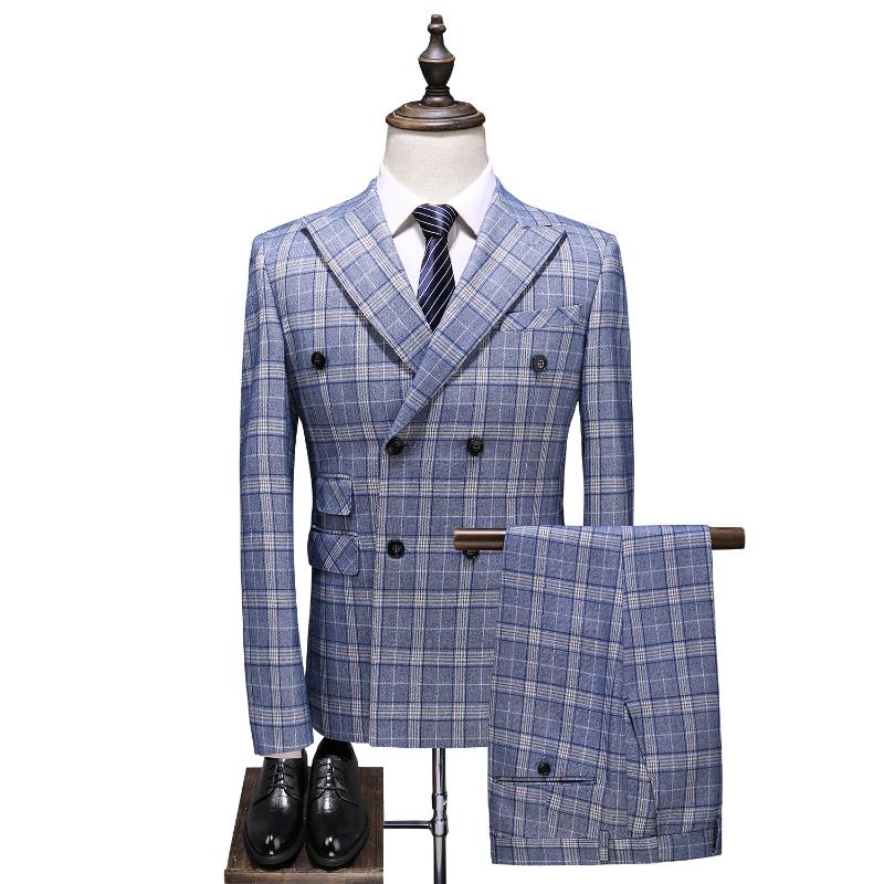 

Men's Suits & Blazers 2021 Arrival Black Blue Gray Grid Double Breasted Business Casual Evening Suit Wedding For Men Man 3 Pcs, Dark grey