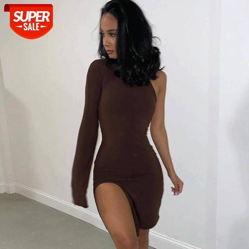 

One Shoulder Long Sleeve Women Bodycon Party Dresses Side Slit Autumn Fashion Sexy Skinny Clubwear Mini Dress Solid Hot #V21g, Black;gray