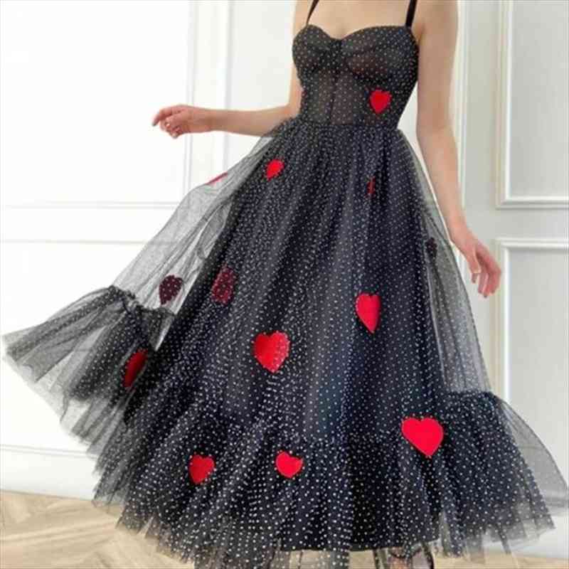 

summer strap shoulder dot womens dresses tulle red heart mesh, Black;gray