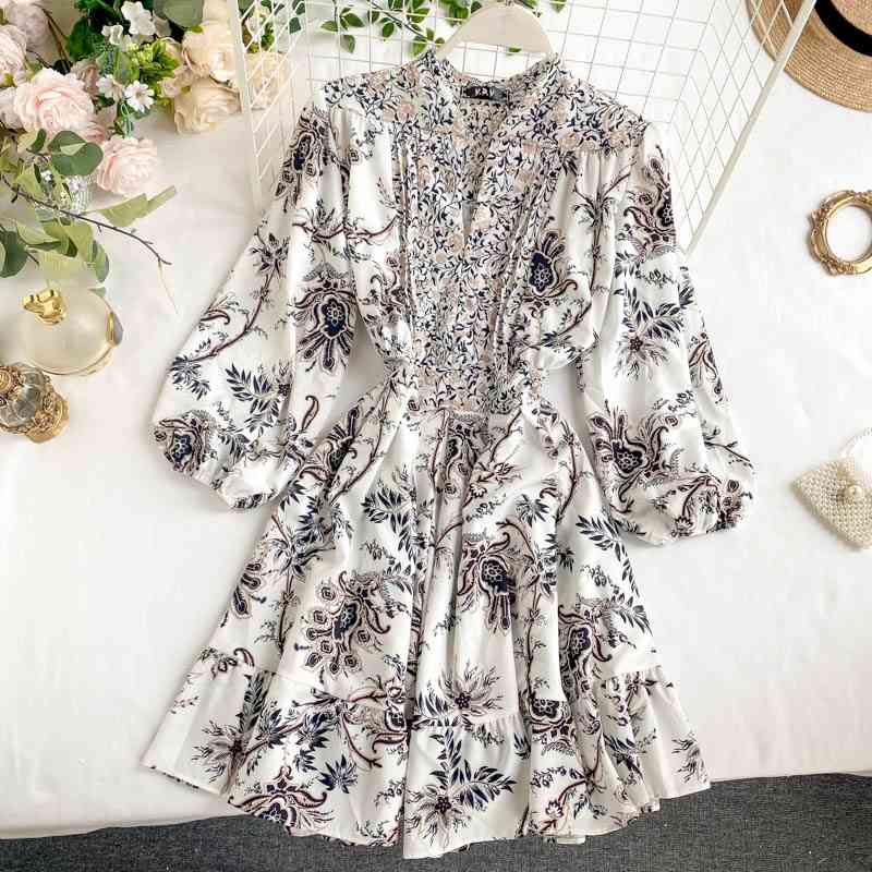 

Spring Autumn Vintage Ruffles Dres Fashion V Neck Slim A-line Bodycon es Ladies Floral Print Vestidos 210602, White