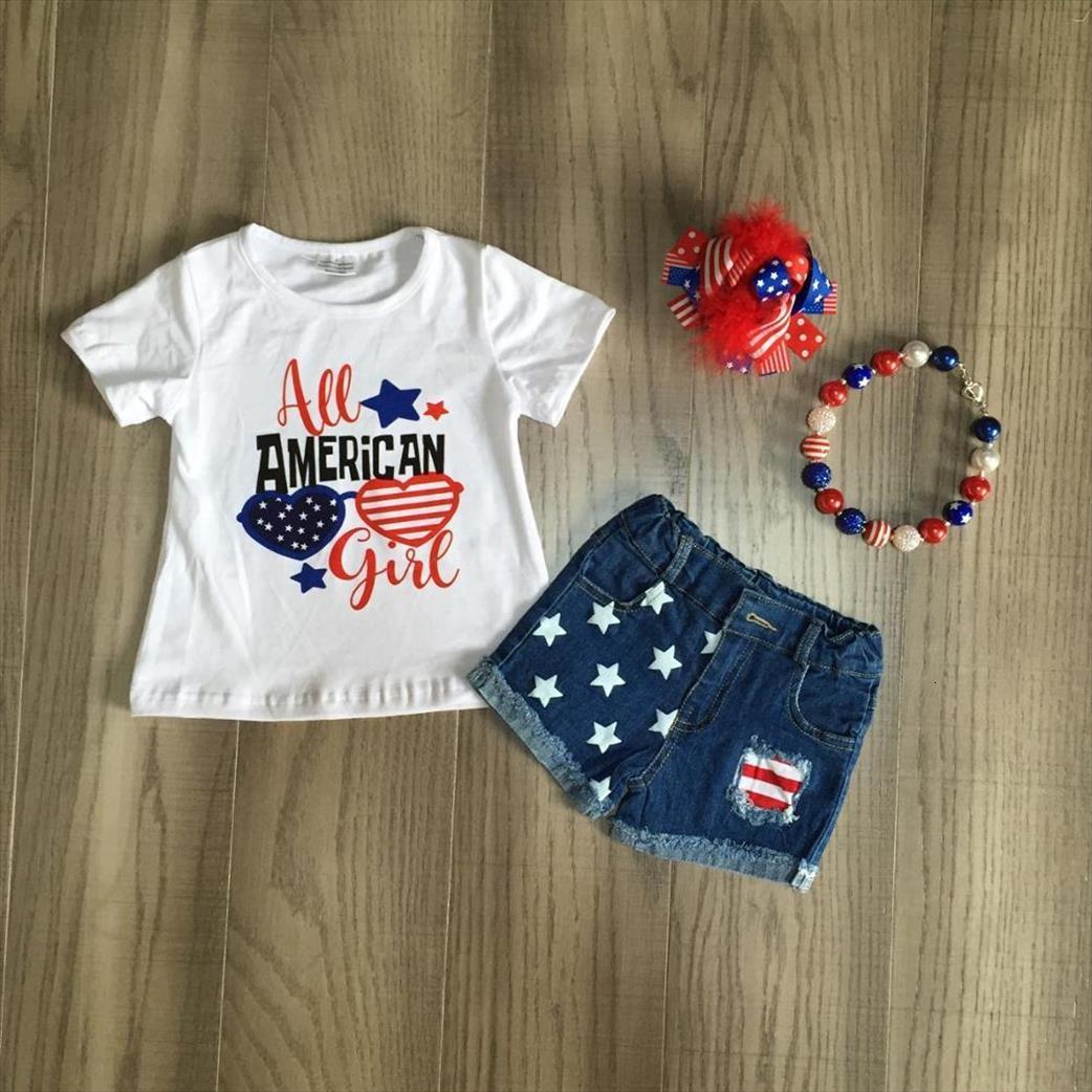 

july 4th baby girls clothes outfits set cotton all america girl star stretchy denim distressed shorts boutique match accessories, White