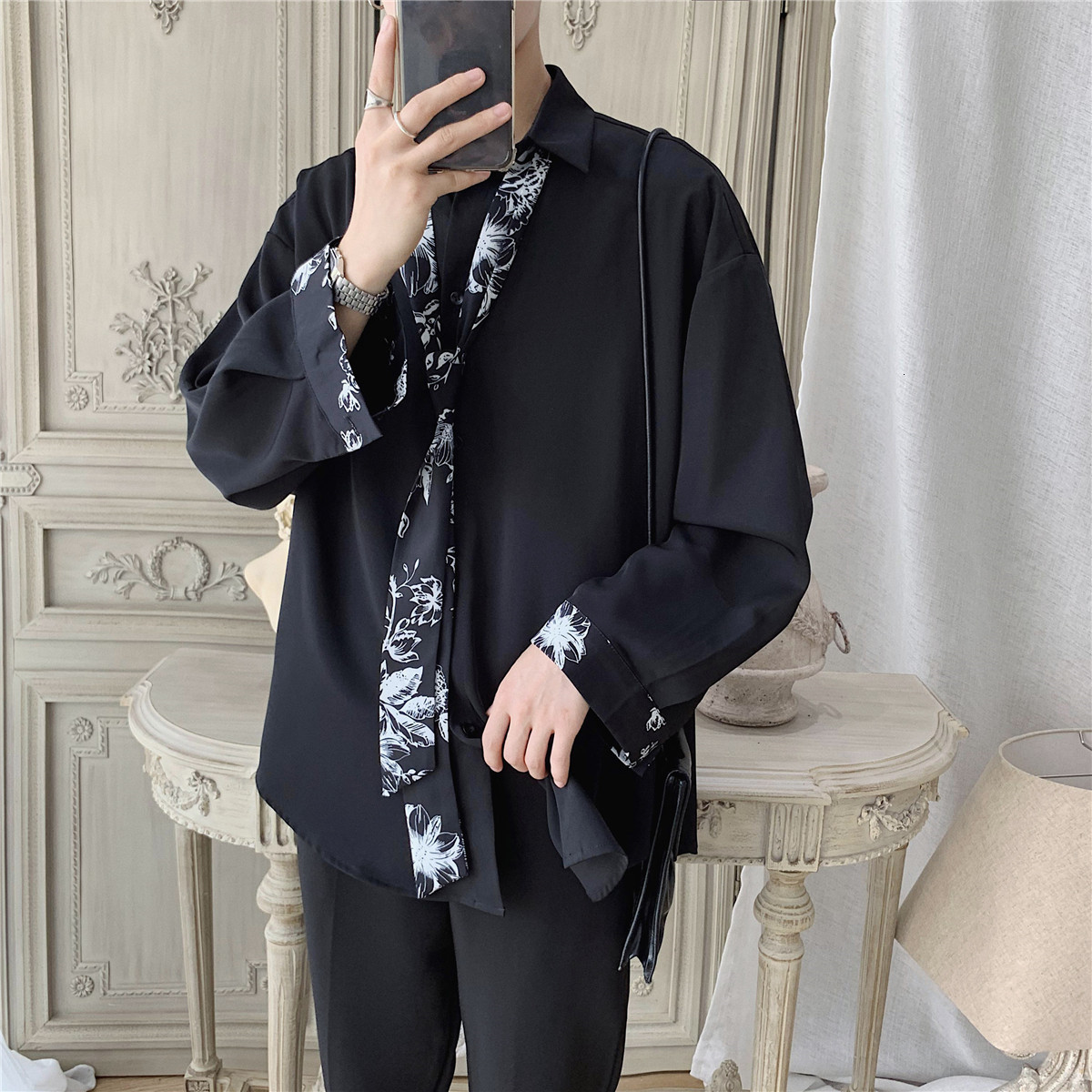 

2021 New Autumn Men's Loose Long Sleeve Hawaiian Slim Fit Shirt Male French Cuff Mens Clothes Fashion Shirts 4 Color Camisa Masculina Spg9, Blackish green