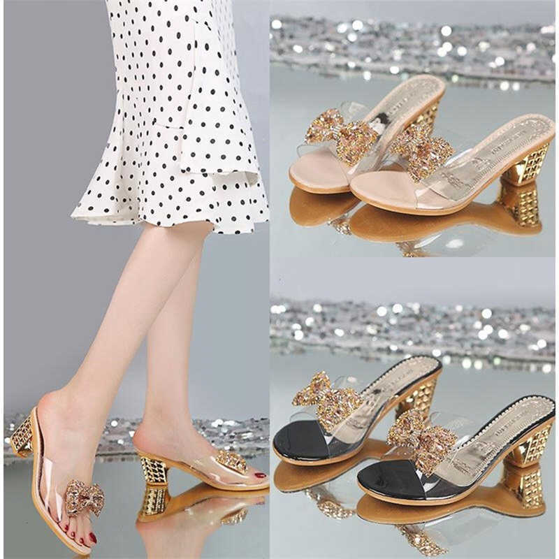 

Classic luxury Designer Summer Women's Crystals Heels Sandals Sexy Clear Plastic Slippers Transparent Heeled Ladies Shoes Gold TopSelling, Black