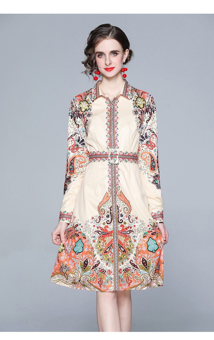 

summer shirt dresses women spring style French lapel long-sleeved retro shirt printing dress, As the picture