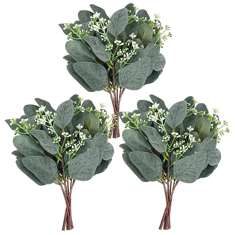 

20 Pcs Artificial Eucalyptus Leaf Stem with Short White Fruit, Fresh Flowers Wedding Holiday Decoration