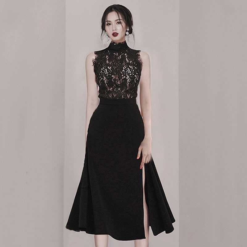 

Women Summer Runway 2 Piece Set Sleeveless Turtleneck Lace Hollow Out Black Shirt + High Waist Split Long Skirt 210526, Picture color