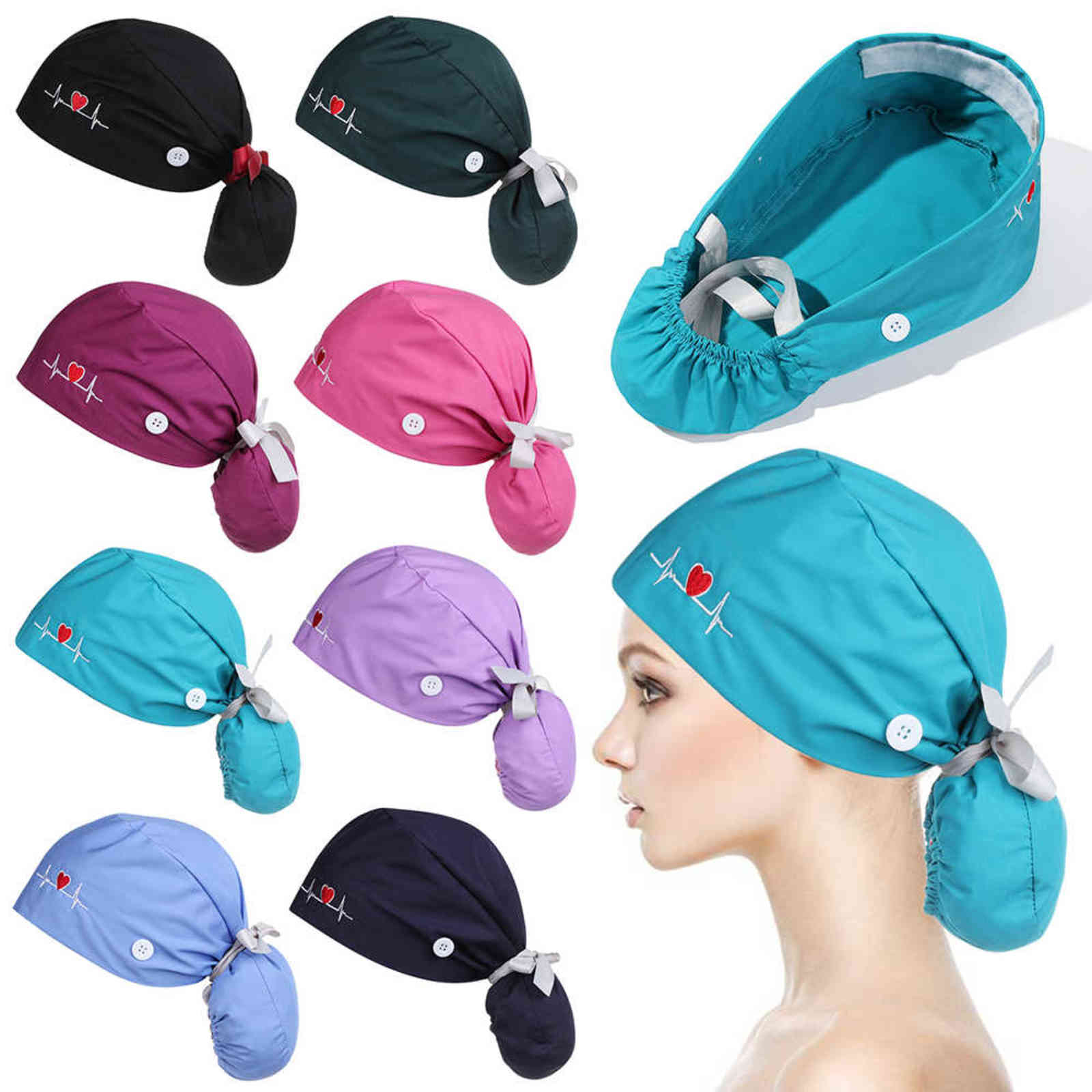 

Unisex Adjustable Long Hair Working Cap with Button Working Hat Ponytail Holder Scrub Hats Elastic Nurse Hat for Women Men Y21111, B 16