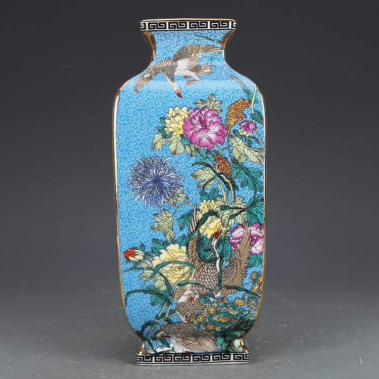 

Qing Dynasty Qianlong Enamel Blue Ground Ceranic Vase Flowers And Birds Square Vase Antique Collection