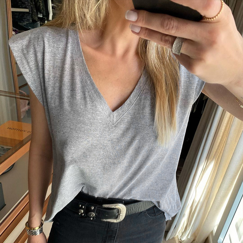 

basic T shirt solid sleeveless v neck cotton soft elegant casual streetwear t shirt 2021 fashion tops summer tee tops, White