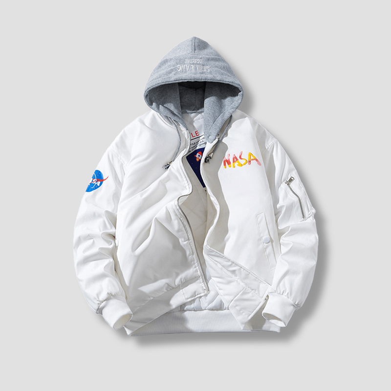 

NASA jacket co branded tooling coat men' autumn ins handsome fashion brand Korean loose couple hooded assault jackets men women -2, White