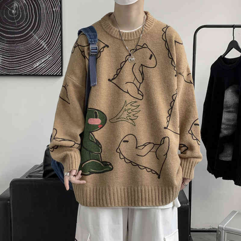 

autumn sweater men knitted jumpers anime dinosaur sweatercoat fashion causal streetwear knitwear pullovers clothing male, Black