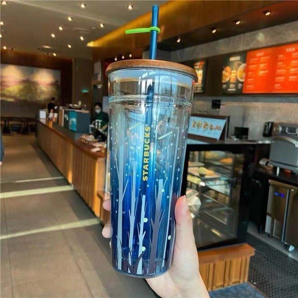 

2021 Limited Edition Starbucks Mugs Wooden Lid Starry Sky Firefly Glass Straw Cup Large Capacity