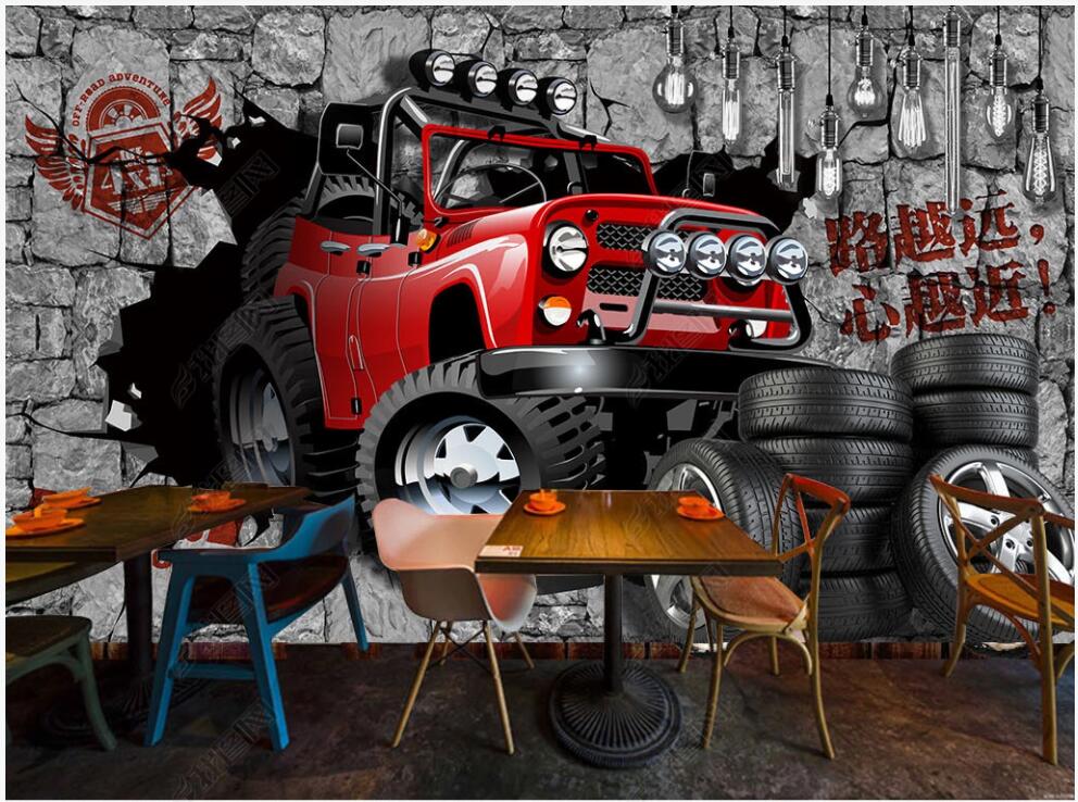 

3d wallpaper custom photo Retro 3D brick wall car breaking through the wall home decor 3d wall murals wallpaper for living room in rolls, Non-woven wallpaper
