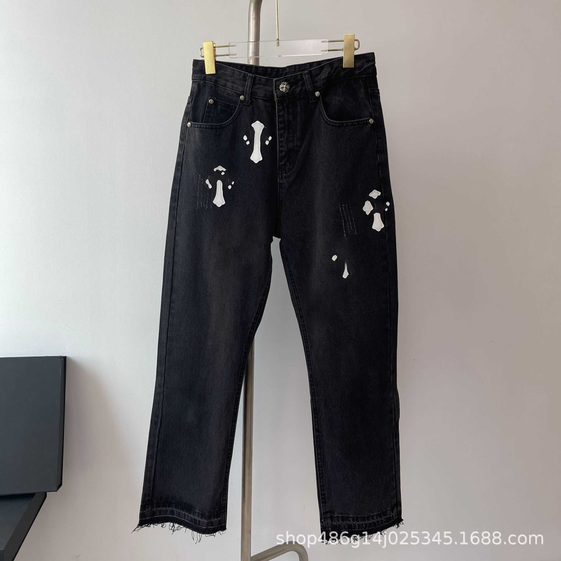 

Men's Jeans Tide brand cross jeans leather elevation Street loose straight micro horn burr hip hop casual men's and women's pants, Black white label