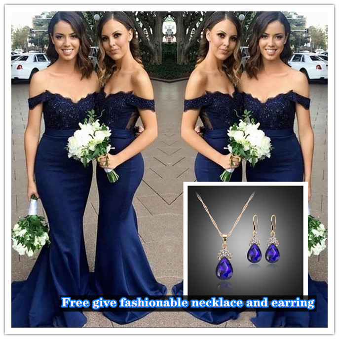 

2021 New Navy Blue Cheap Bridesmaid Dresses Off Shoulder Lace Appliques Mermaid Wedding Maid Of Honor wedding dresses bridal gowns