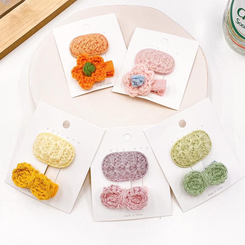 

2 Pcs/Set Children Cute Knitting Flower Bow Ornament Hair Clips Baby Girls Lovely Oval Barrettes Hairpins Kids Hair Accessories, Green bow-2 pcs