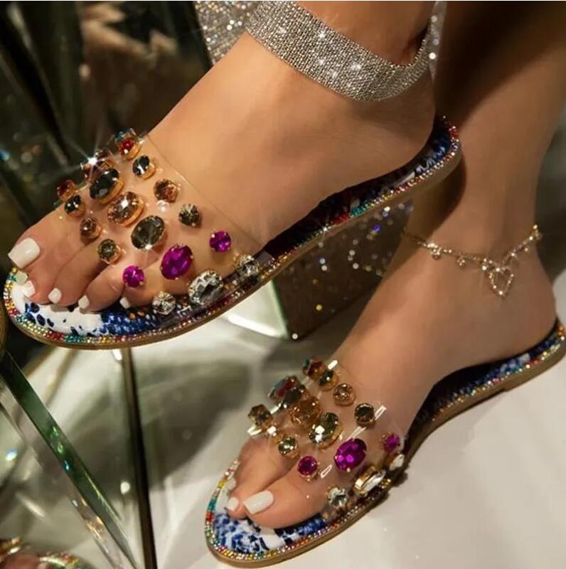 

Summer women's slippers sexy fashion design Classic Large size Celebrity Beach travel Cute Casual Transparent PVC Multicolor Rhinestone flat bottom flip-flop, Fuchsia