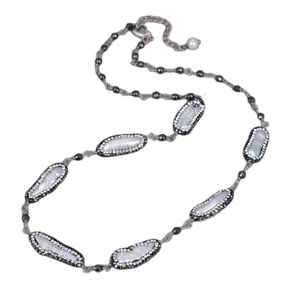 

GuaiGuai Jewelry Natural White Biwa Keshi Pearl Black Marcasite Faceted Round Hematite Necklace Handmade For Women Real Gems Stone Lady Fashion Jewellery