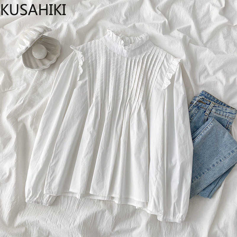 

Blouses Women Sweet Pleated Stand Neck Shirt Causal Ruffle Patchwork Puff Sleeve Blusas Mujer De Moda 6F090 210603, White