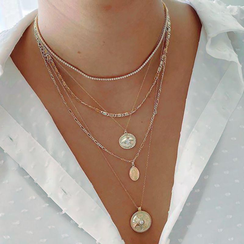 

Pendant Necklaces EN Fashion Collar Gold Color Round Eye Necklace For Women Girls Gift Multi-Layer Link Chain Coin Choker Jewelry, Silver