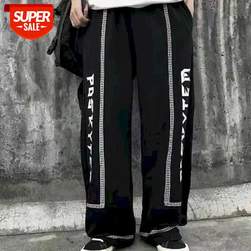 

New loose straight casual pants tide brand wild trousers for men and women dark black ins Japanese text printing Yamamoto style #lA1m, Black;white