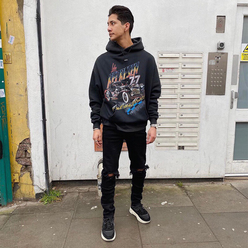 

21fw europe America Autumn Winter Vintage car men women Hoodie Fashion Oversize washed effect Hooded Skateboard Pullover Sweatshirt, Black