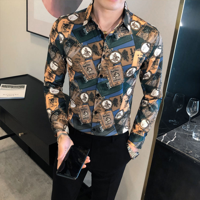 

2021 New Korean Fashion Cloth Fancy Ropa Casual Shirts Streetwear Flower Shirt Men Slim Fit Long Sleeve Camisa Masculina 4bs2, Color 0