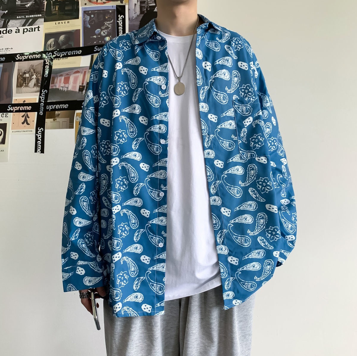 

2021 New Fashionable Print Long-sleeve Flowers Drop Casual Coats Streetwear Men's Shirt M-2xl Acgd, Blue.