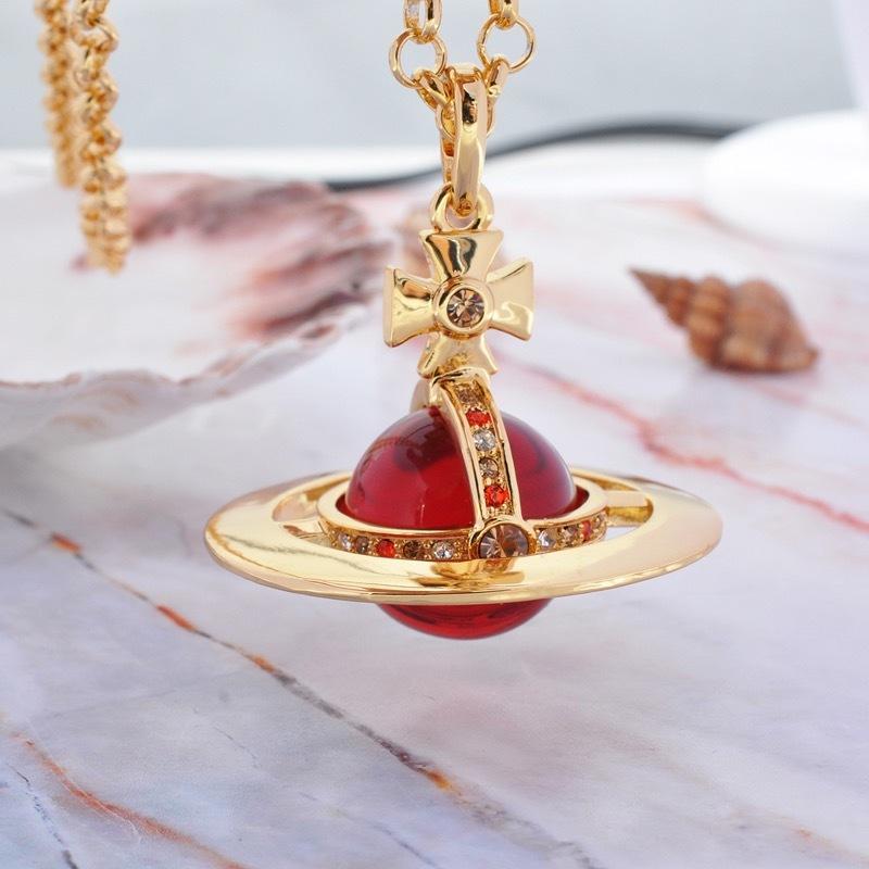 

Pendant Necklaces Gold Red Black 20mm Glass Bead Sweater Planet Necklace Copper Plated Zircon Crystal Women Trend Jewelry