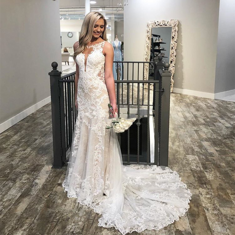 

Lace Country Mermaid Wedding Dresses Bridal Gowns Sleeveless Sexy Backless Ivory Appliqued Champagne Lining Summer Boho Beach Bride Dress 2023