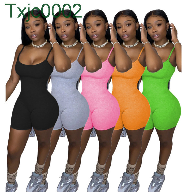 

Women Sexy Sling Jumpsuit Designer Summer Solid Color Sleeveless Vest Shorts Sports Rompers Club Tight Fashion Overalls Pants 2021, Orange