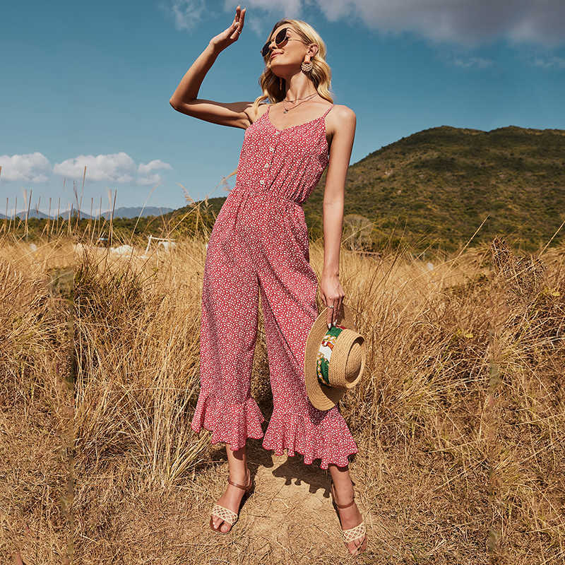 

Spaghetti Strap Button Sexy Off Shoulder Backless High Waist Sleeveless Floral Print Casual Loose Streetwear Women Jumpsuits 210608, Red