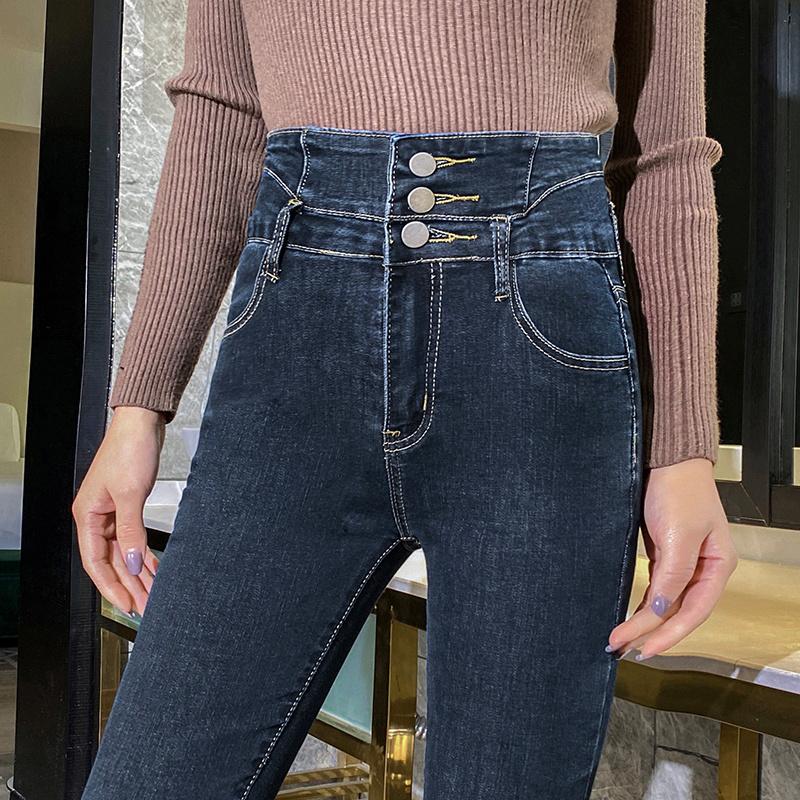 

Women's Jeans Fleece Padded 2021 Korean Style High Waist Slim Skinny Feet Autumn And Winter Outer Wear Pencil, Blue