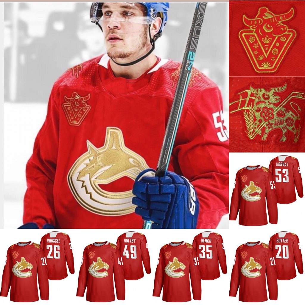 

Vancouver Canucks 2021 Lunar New Year Jersey Bo Horvat Quinn Hughes Braden Holtby Alexander Edler Brandon Sutter Elias Pettersson Demko, Men s-3xl