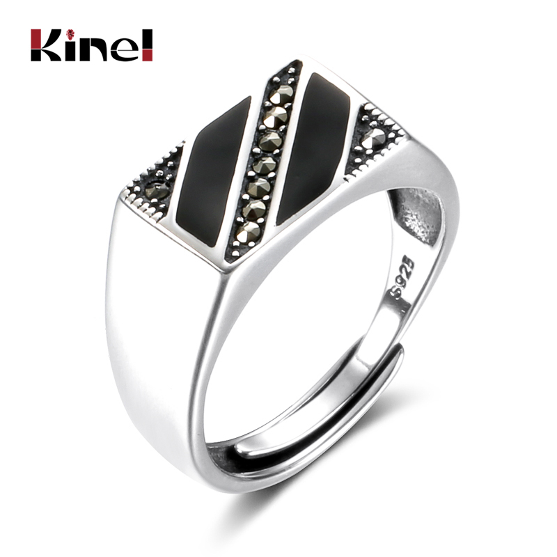 

Kinel Real Pure Mens Ring Silver 925 Natural Black Zircon Enamel Jewelry Vintage Punk Hiphop Rock Sterling Silver Rings 210312, Golden;silver