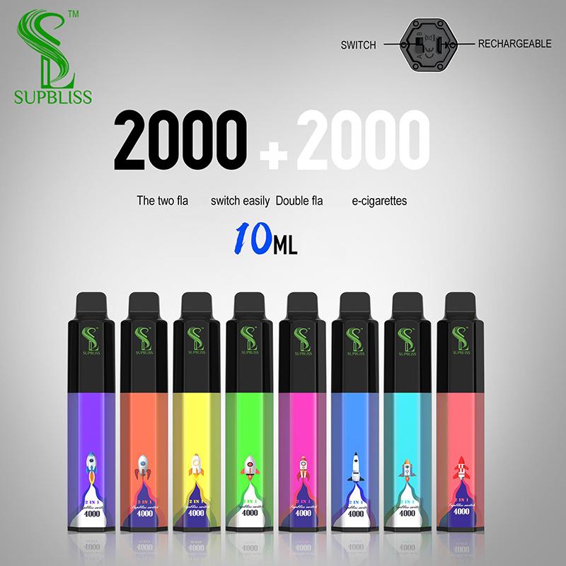 

Original Supbliss Switch Duo 2in1 Disposable E Cigarettes 4000 Puffs Vape Pen 10ml 5% Device With 650mAh Rechargeable Battery Large Vapor 8+8 Colors