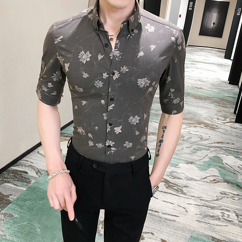 

2021 British Style Summer of New Floral Shirt Brand Half Sleeve Shirts Printed for Men Fine Casual Fitting Homme Streetwear Blouse 9w30, Coffee