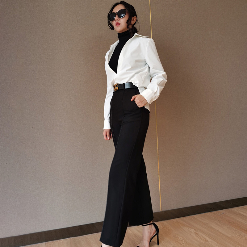 

Vintage Loose High Waist Solid Splice Trousers Women Fashion Button Bodycon Wide Leg Pants Autumn Streetwear Bottoms, Black;white