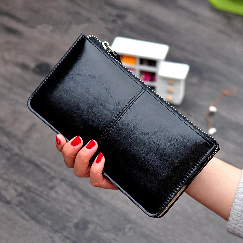 

Womens Wallet Vintage Oil Wax Leather Zipper Clutch Female Large Capacity Coin Purses Ladies Wristband Simple Card Holder, Black