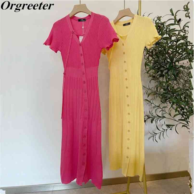 

Oblique-breasted Slim Split Knitted Dress for Women Summer Wild Fungus Short Sleeve Solid Color Bodycon Thin Sweater 210602, Rose red