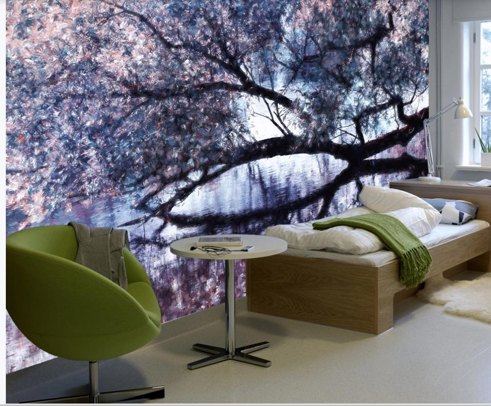 New Chinese style spring cherry tree wallpapers hand-painted background wall 3d stereoscopic wallpaper-image-656826341