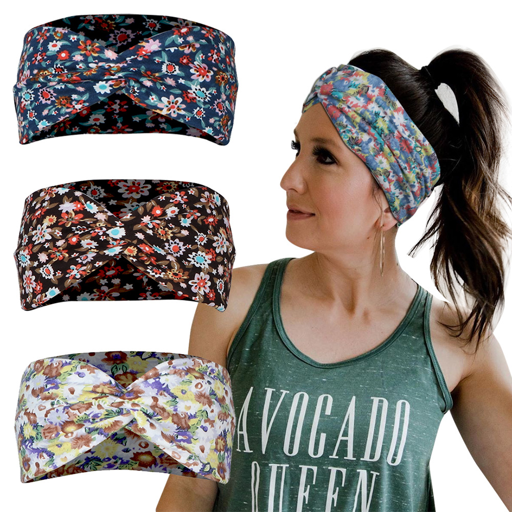 Floral print knotted cross headbands woman fashion retro bohemian wide brim quick-drying hair accessories simple yoga sports running headband gif-image-660172727