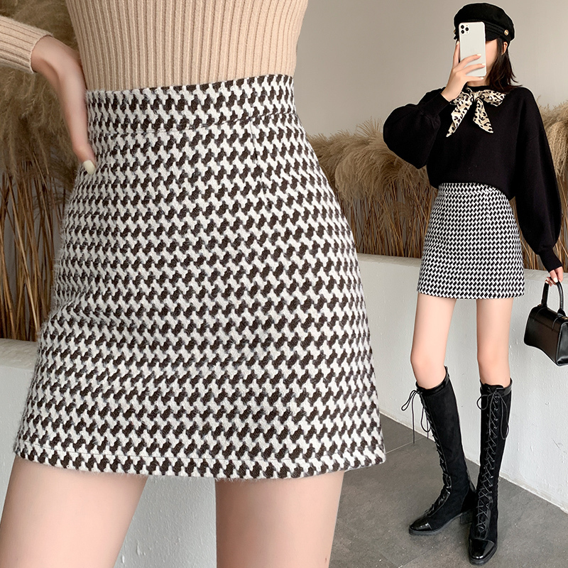 

2021 New Houndstooth skirt, Korean of woolen high waist, thin, half-length, one-step package hip female DH2M, Black