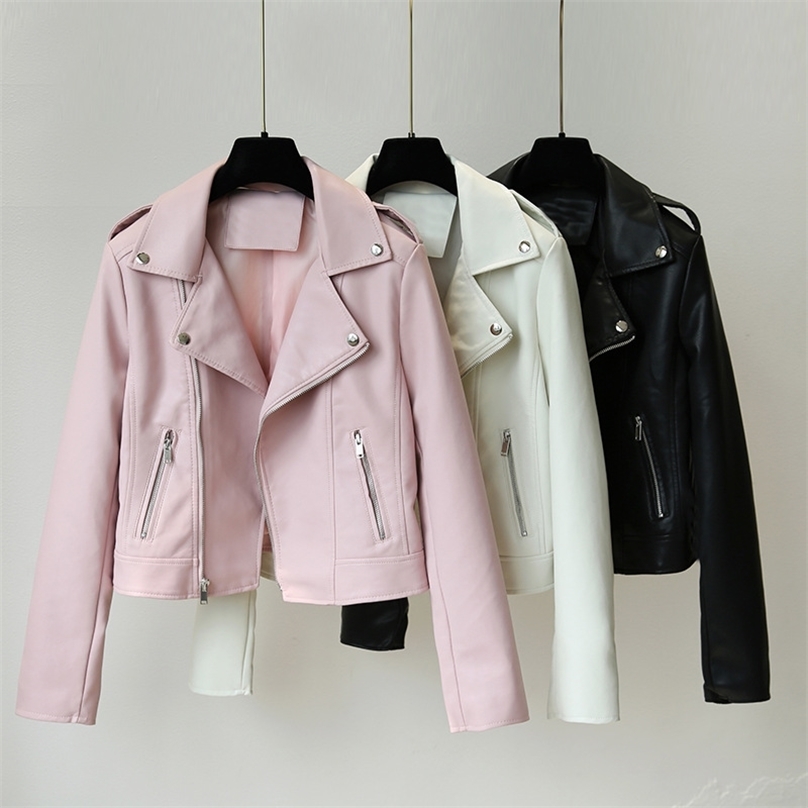 

Women Pink Leather Coat Spring Autumn Long Sleeve Turn Down Collar Zipper Short Faux Jacket Ladies Pu Outwear 210525