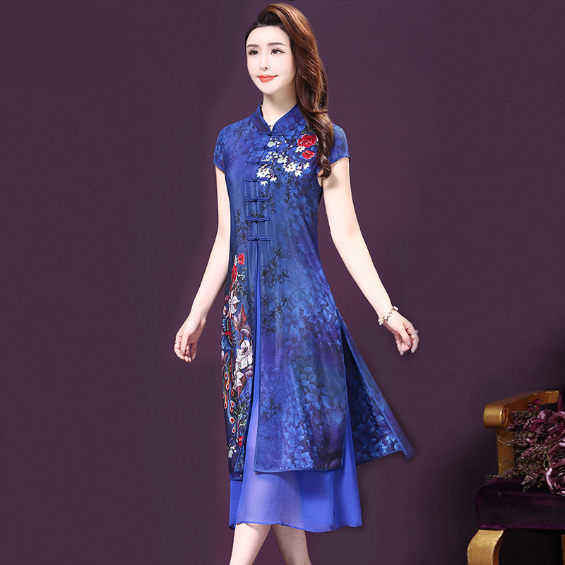 

Casual Dresses Vintage Chinese Wedding Party Women Retro Mandarin Collar Floral Summer Dress Classy Lady Waist Vestidos A-Line TN2, 1828 red