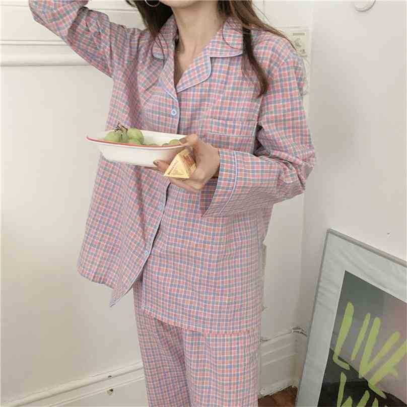 

Women Vintage Plaid Cute Fashion Cardigans Gentle Casual Long Sleeves High Quality Loose All Match Pajamas Sets 210525, Photo color