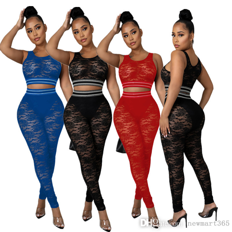 

Designer Womens Hollow Out Tracksuits 2022 Spring And Summer Two Piece Pants Set Lace Thread Splicing Clothing, Black